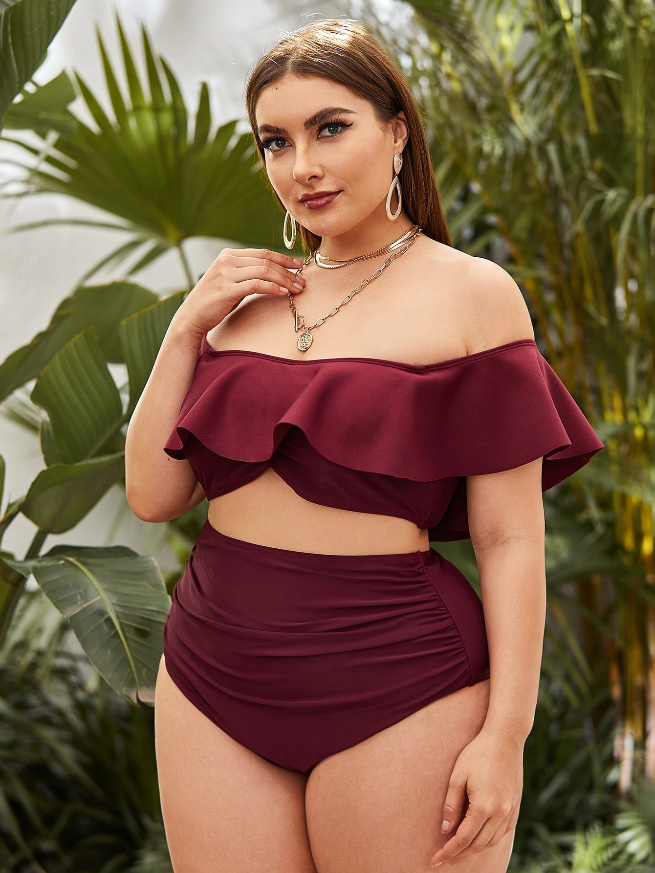 Plus Flounce Ruched High Waisted Bikini Swimsuit | SHEIN