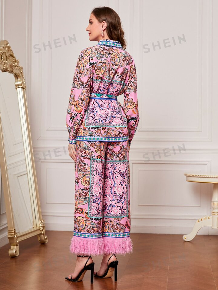 SHEIN Modely Paisley Print & Floral Print Belted Shirt & Fuzzy Trim Wide Leg Pants | SHEIN