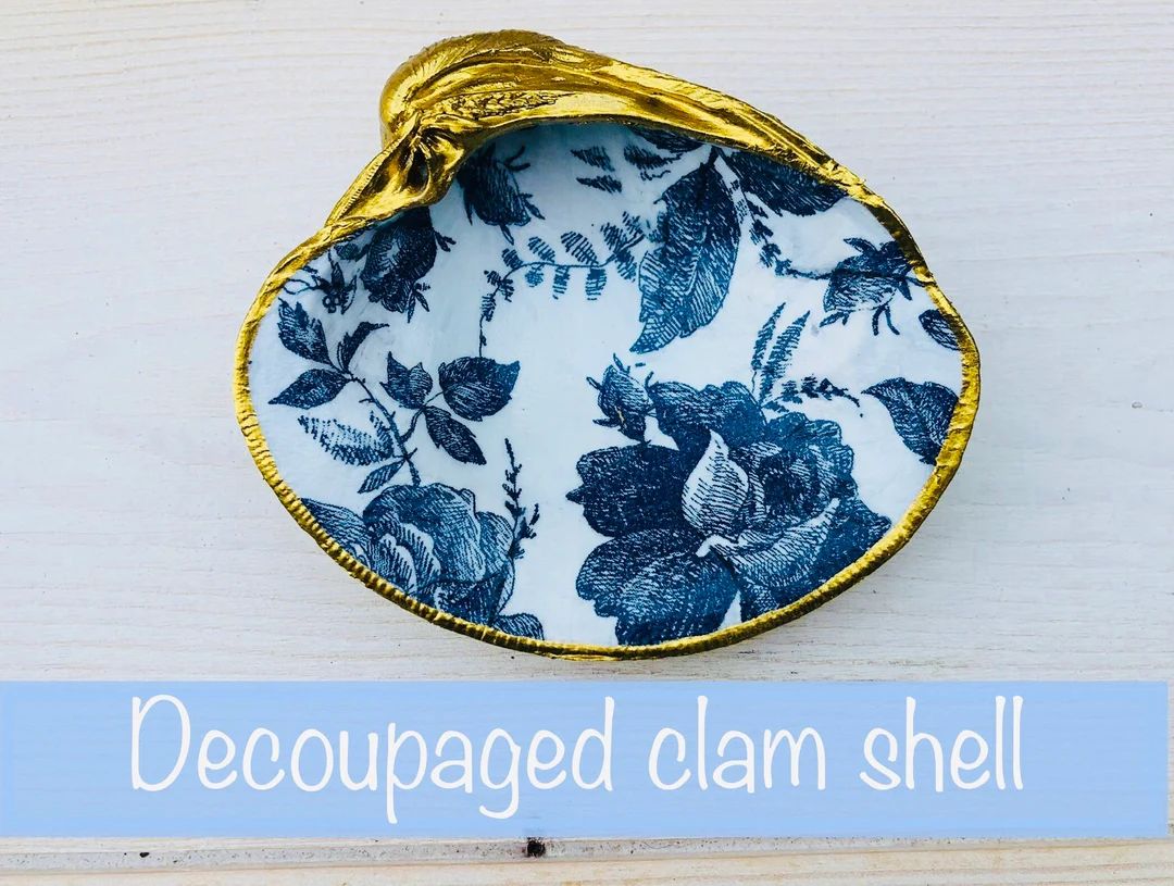 Beautiful decoupaged clam shell with blue rose pattern and hand painted gold edging. Beach home d... | Etsy (US)