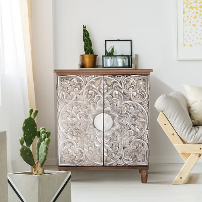 Captiva Designs Antique Silver Carved Floral Buffet Cabinet with Doors for Living Room, Entryway Silver | Target