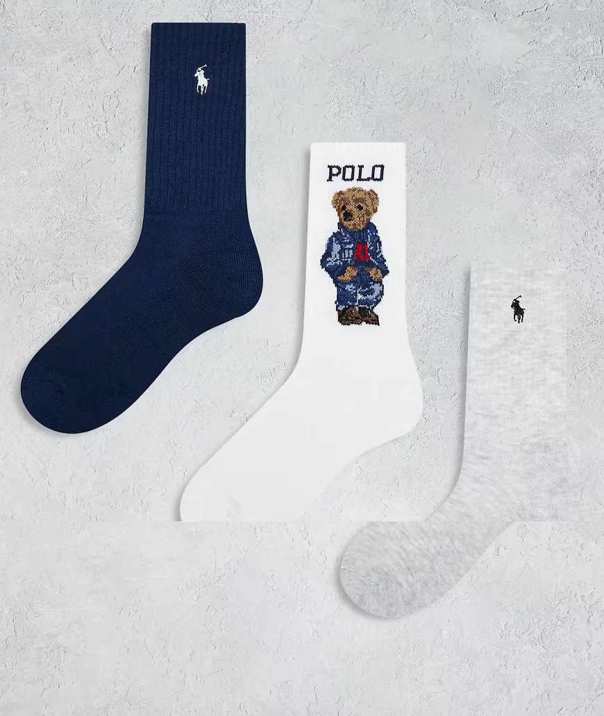 Polo Ralph Lauren 3 pack of socks with bear and icon logo in grey, white and navy-Multi | ASOS (Global)