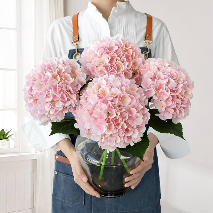 JINWOE Pink Flowers Silk Artificial Hydrangeas, 4Pcs 22" Lifelike Large Silk Flowers with Stems, ... | Amazon (US)