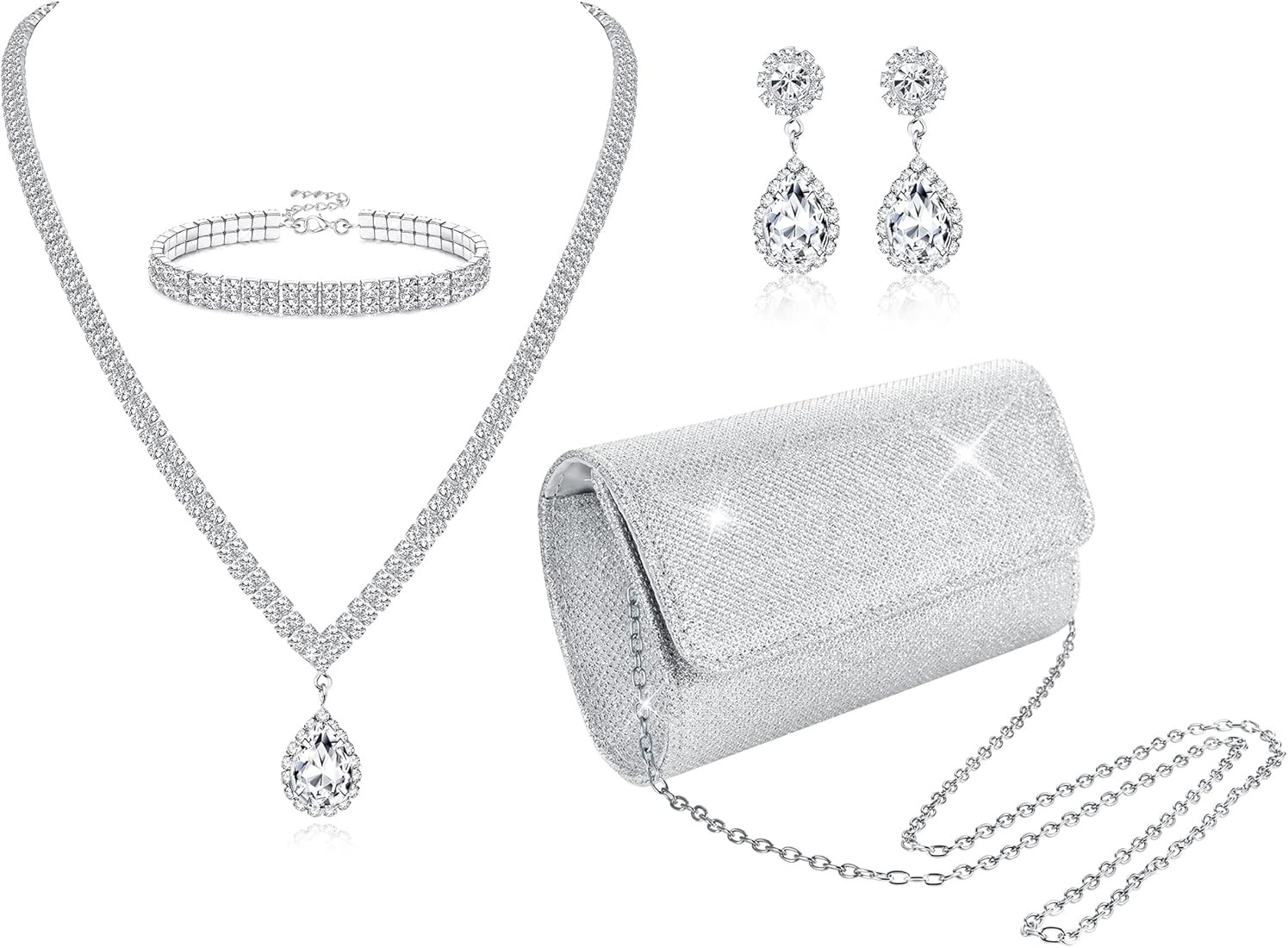 Subiceto 4Pcs Silver Clutch Purse Jewelry Set for Women Evening Rhinestone Purse Crystal Necklace... | Amazon (US)