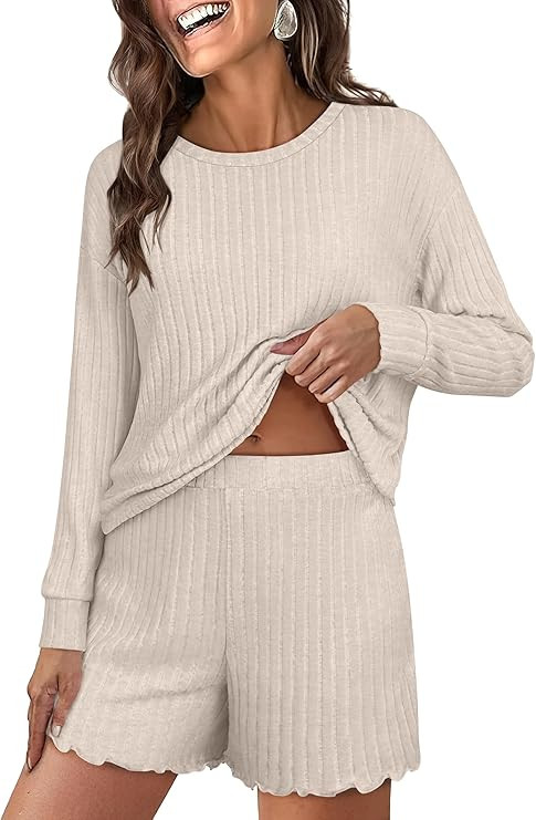 ANRABESS Women's 2 Piece Lounge Pajama Sets Casual Ribbed Long Sleeve Top Matching Shorts Sleepwe... | Amazon (US)