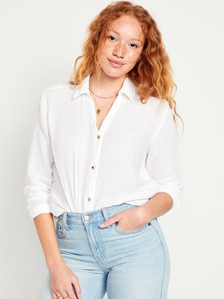 Crinkle Gauze Button-Down Boyfriend Shirt for Women | Old Navy (US)