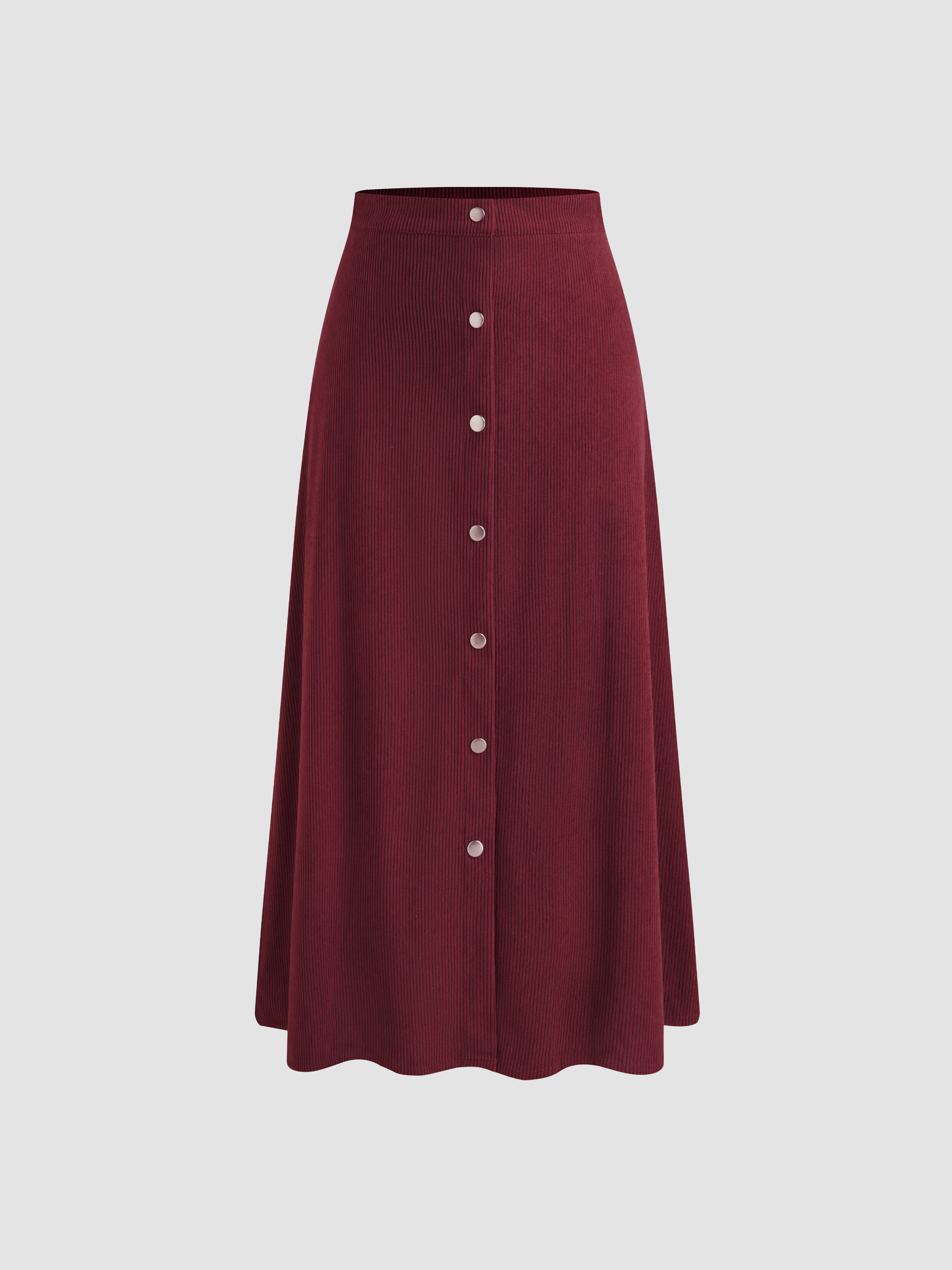 Corduroy Corduroy Mid Rise Solid Button Ruffle Midi Skirt For Work | Cider