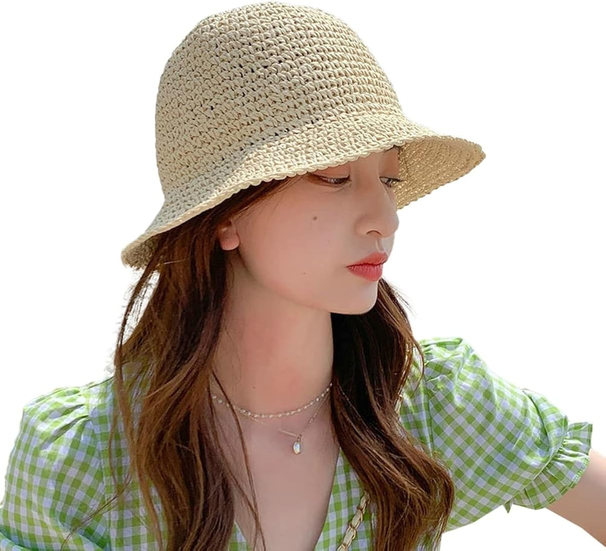 Womens Straw Sun Hat Woven Bucket Hat Fishing Hat Beach Hat Foldable Cap Solid Color Straw Beach ... | Amazon (US)
