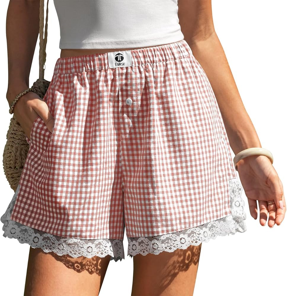 TARSE Gingham Shorts for Women Boxer Lace Trim Sleep Pajama Lounge Shorts Summer Casual Home Wear... | Amazon (US)