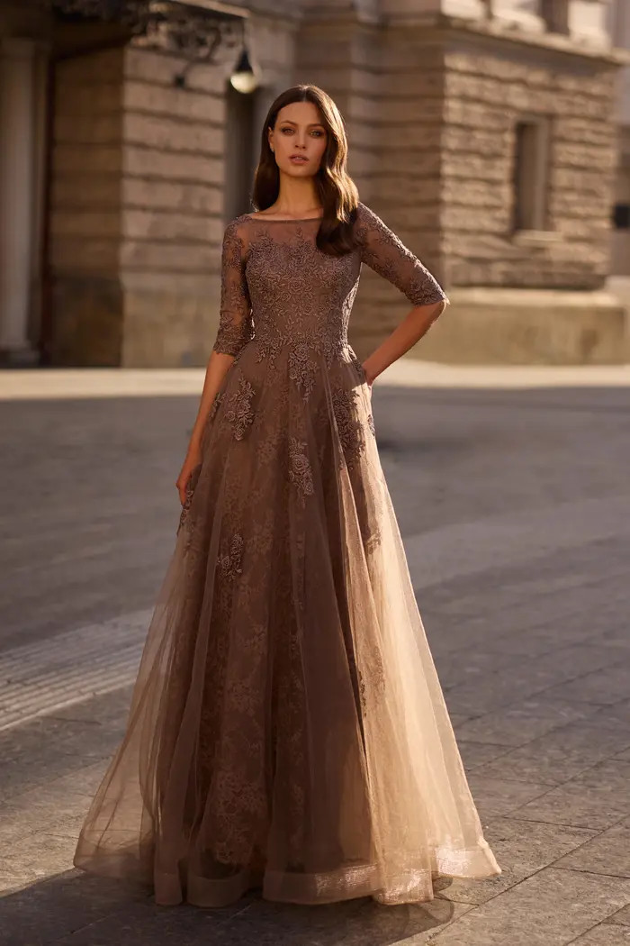 La Femme Lace and Tulle A-line Gown with Three Quarter Sleeves | Nordstrom | Nordstrom