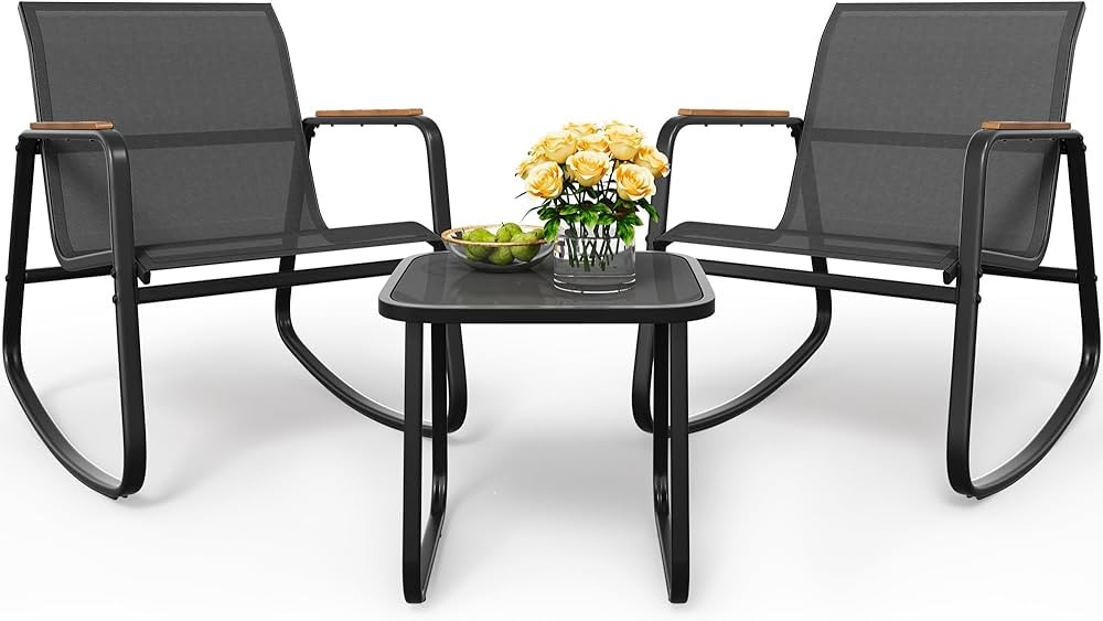 YITAHOME 3 Piece Rocking Bistro Set, Outdoor Patio Furniture Set with Wooden Armrests, Porch Chai... | Amazon (US)