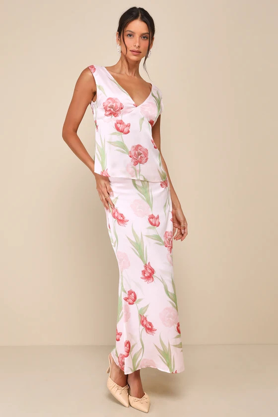 Exceptional Darling Blush Pink Floral Satin High-Rise Midi Skirt | Lulus