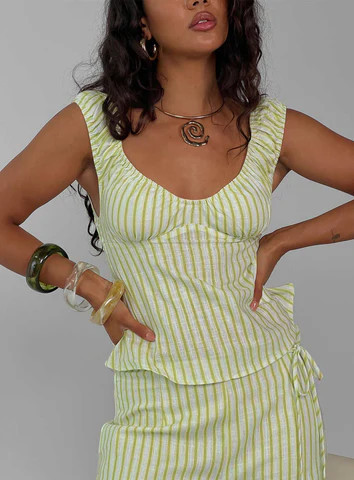 With Pleasure Puff Sleeve Linen Blouse Top Green / Blue Stripe | Princess Polly US