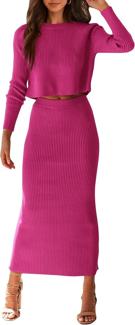 PRETTYGARDEN Women's Winter 2 Piece Sweater Set Rib Knit Long Sleeve Crop Top Maxi Bodycon Skirt ... | Amazon (US)