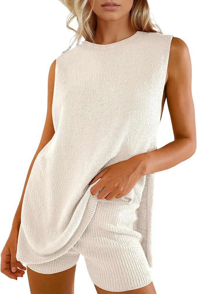 Women Summer Knit Sweater Set Two Piece Outfits Sleeveless Tunic Tank Top Matching Shorts Vacation Beach Sets | Amazon (US)