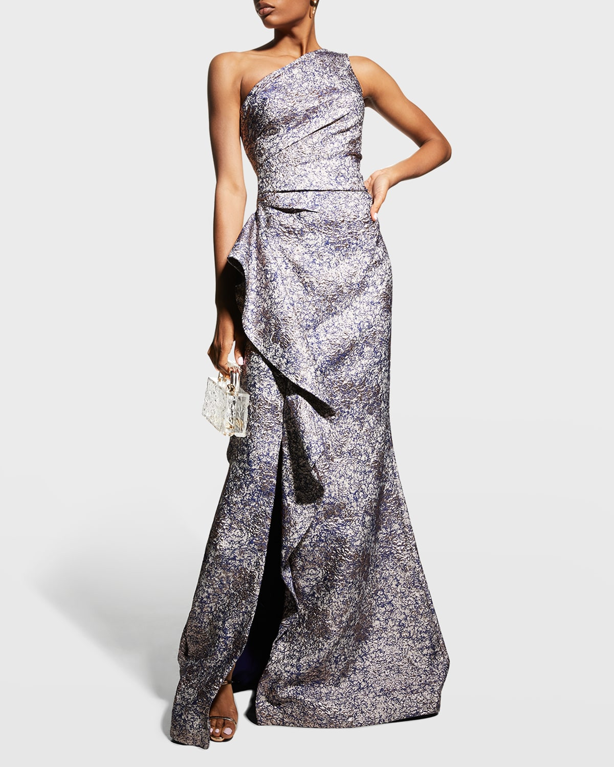 One-Shoulder Jacquard Side-Ruffle Gown | Neiman Marcus