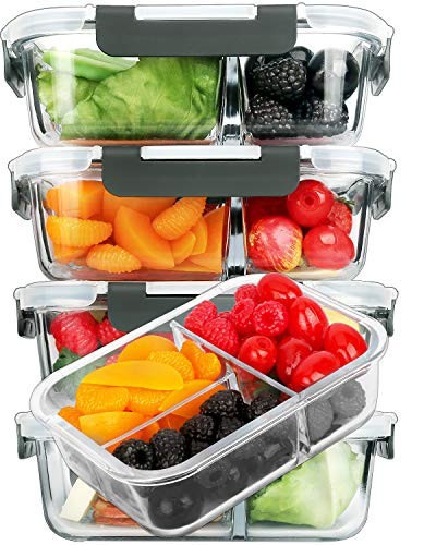 M MCIRCO [5-Pack, 36 oz] Glass Meal Prep Containers 3 Compartment with Lids, Glass Lunch Containers,Food Prep Lunch Box,Bento Box,Microwave, Oven, Freezer, Dishwasher (4.5 Cups) | Amazon (US)