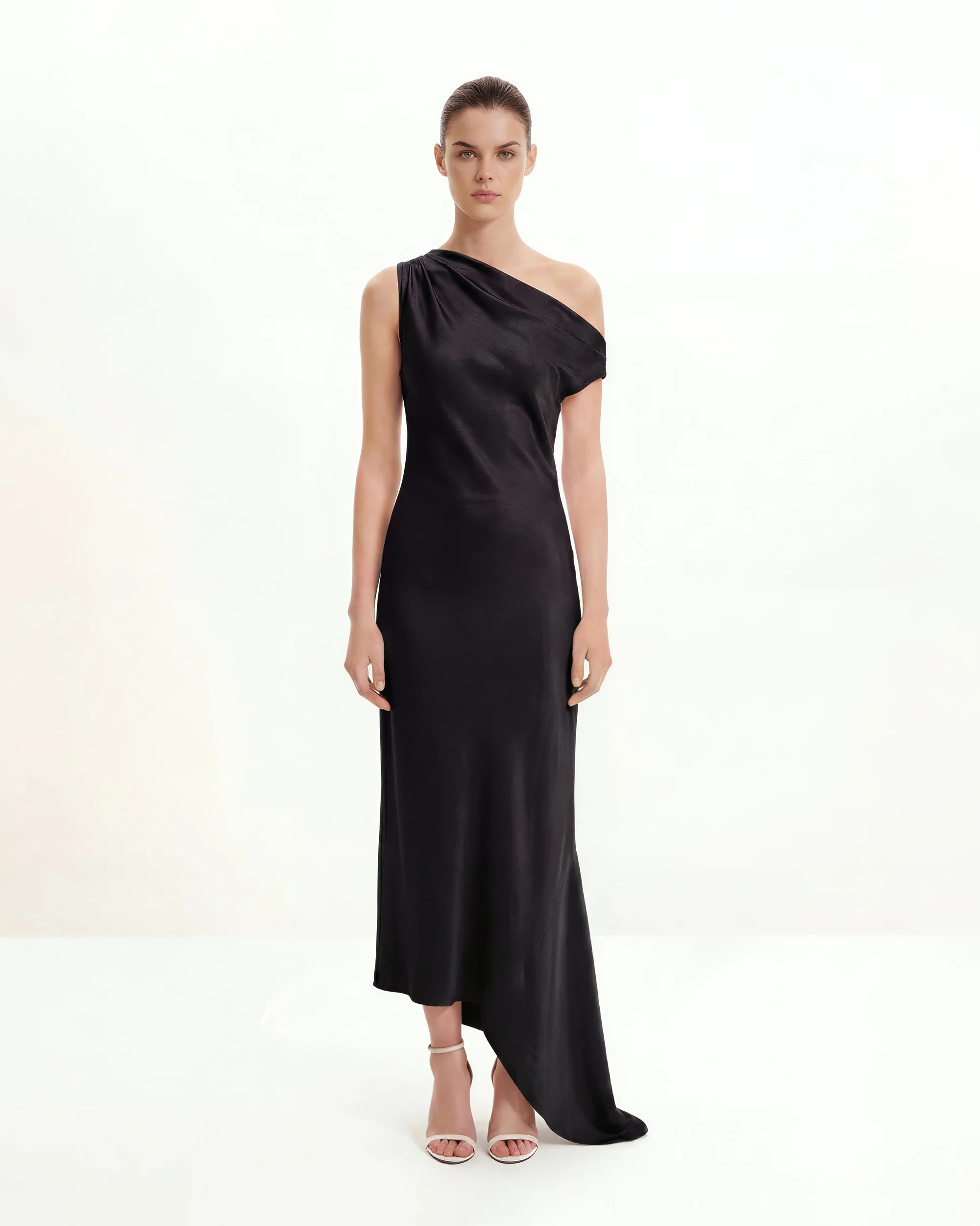 Satin Draped One-Shoulder Asymmetric Dress - Black | JW PEI US