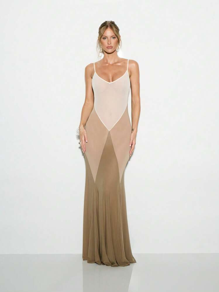 KIZN Sheer Mesh Paneled Mermaid Maxi Dress, Floor Length Elegant Gown, Special Occasion Wear, Stretch Form Fitting Dress With Sheer Detail | SHEIN