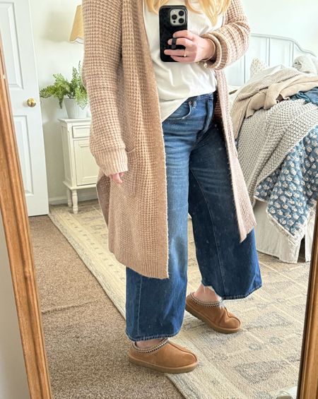OOTD - basic white tee, neutral cardigan, and wide leg jeans. I’ve been loving wide leg jeans lately! These ones are currently on sale for $42!

Cardigan is old, but I linked something similar.

#LTKstyletip #LTKfindsunder50 #LTKsalealert