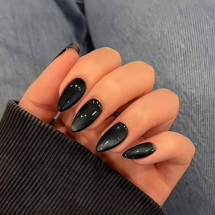 KQueenest Cat Eye Black Press on Nails Medium Almond, 30 Pcs Halloween Glitter Fake Nails Stilett... | Amazon (US)