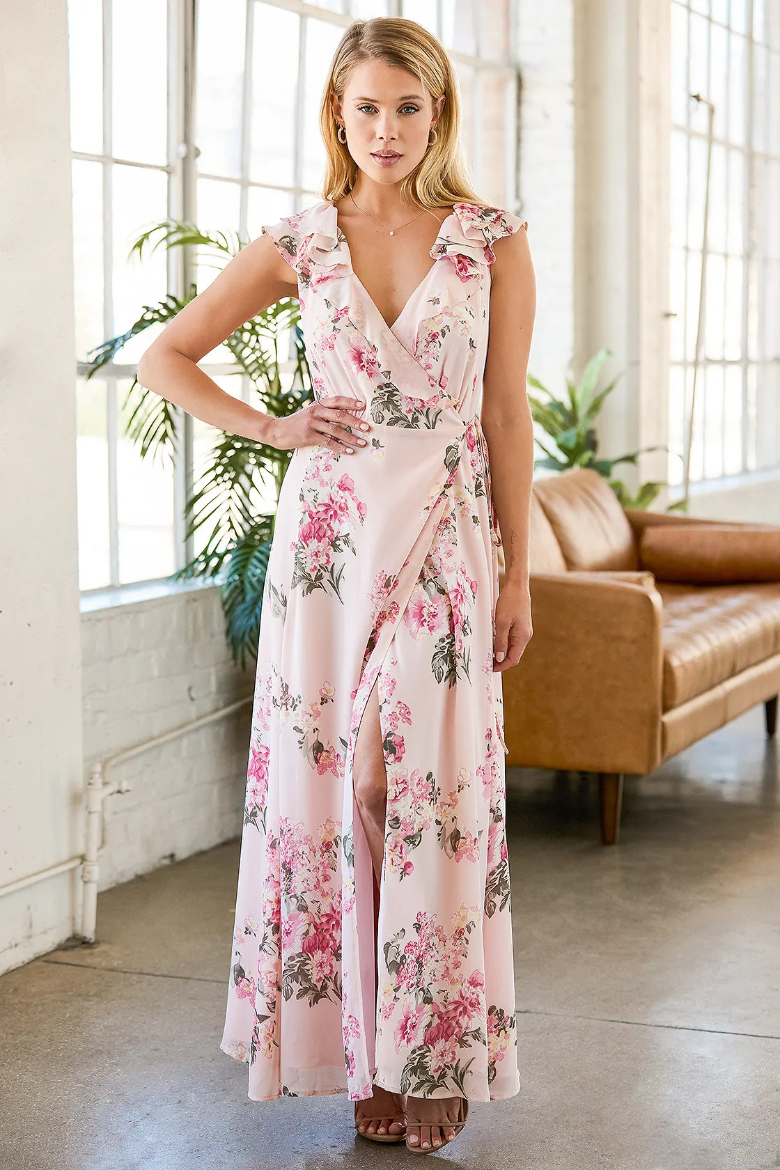 Blooms for You Blush Pink Floral Print Lace-Up Wrap Maxi Dress | Lulus (US)