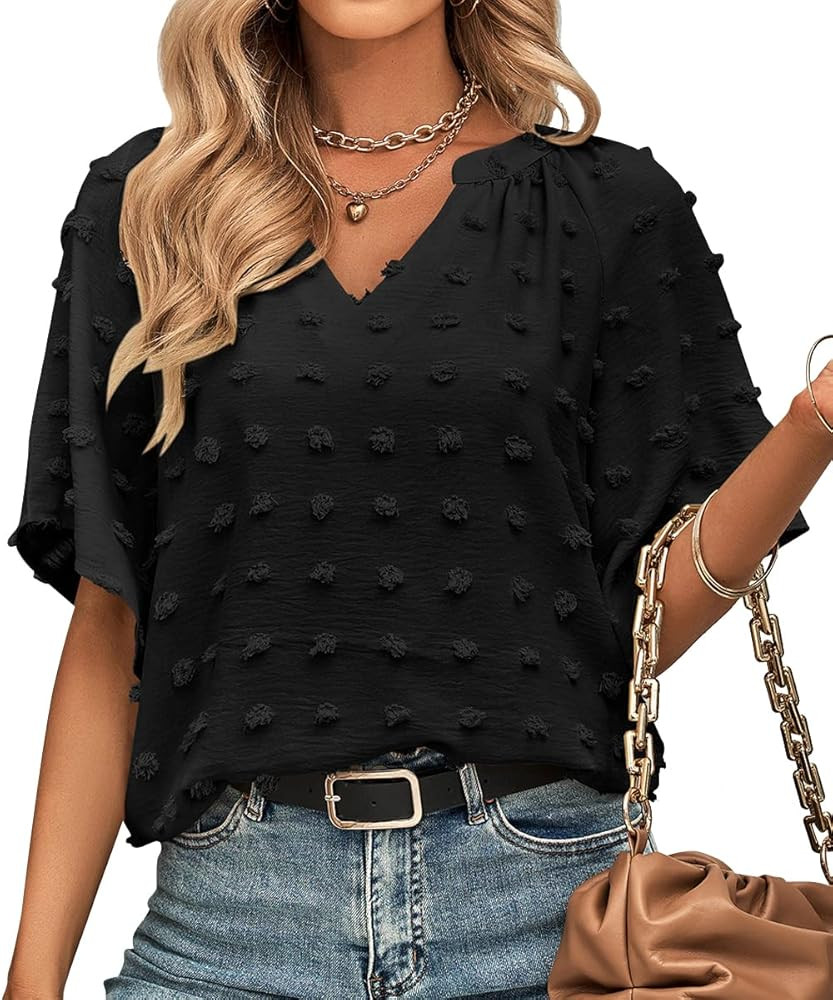 vanberfia V Neck Ruffle Sleeve Blouse Flowy Shirts Dressy Summer Casual Women Tops | Amazon (US)