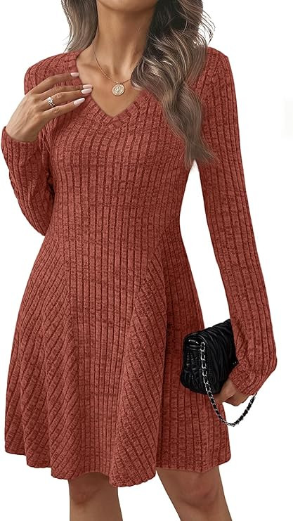 AUTOMET Womens Sweater Dresses Winter Long Sleeve Fall Fashion 2026 V Neck A-Line Flowy Mini Casu... | Amazon (US)