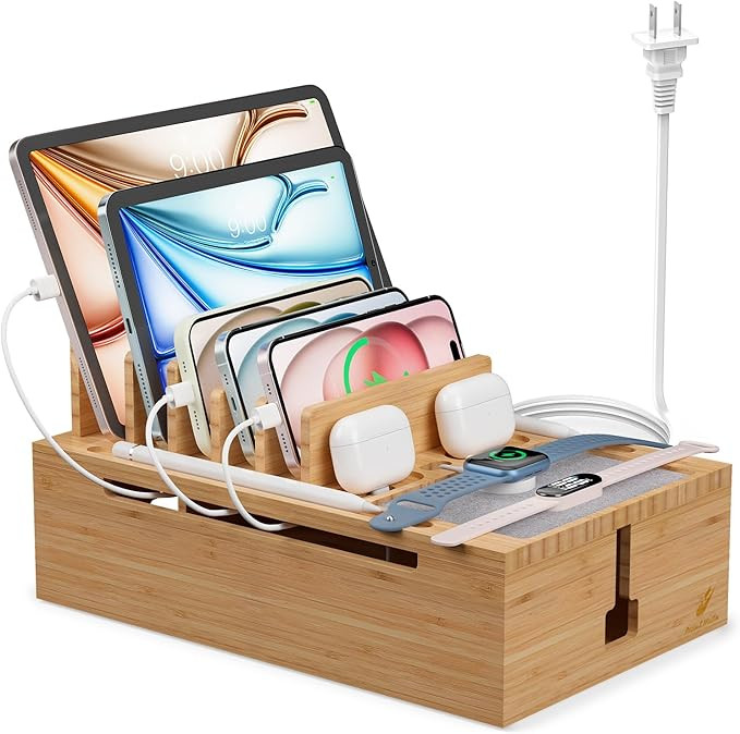 Pezin & Hulin Bamboo Charging Station for Multiple Devices, USB Charger Dock Organizer, with Powe... | Amazon (US)