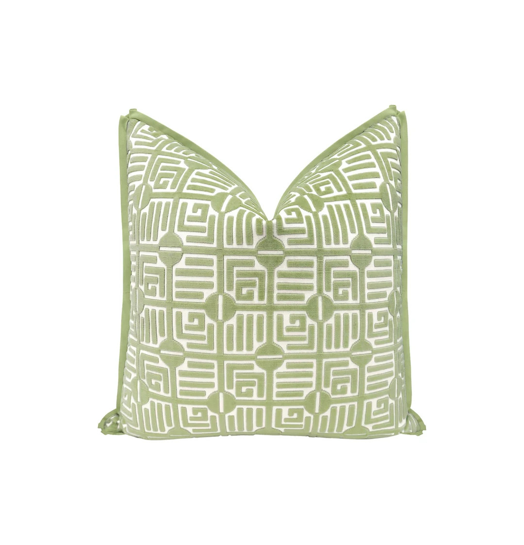 Labyrinth Velvet // Sage With Butterfly Flange Thibaut Flange Pillow Green Throw Pillow - Etsy | Etsy (US)