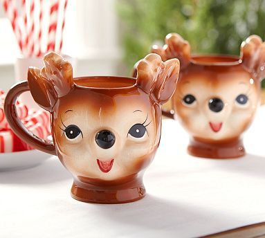 Cheeky Reindeer Shaped Handcrafted Ceramic Mugs | Pottery Barn Teen