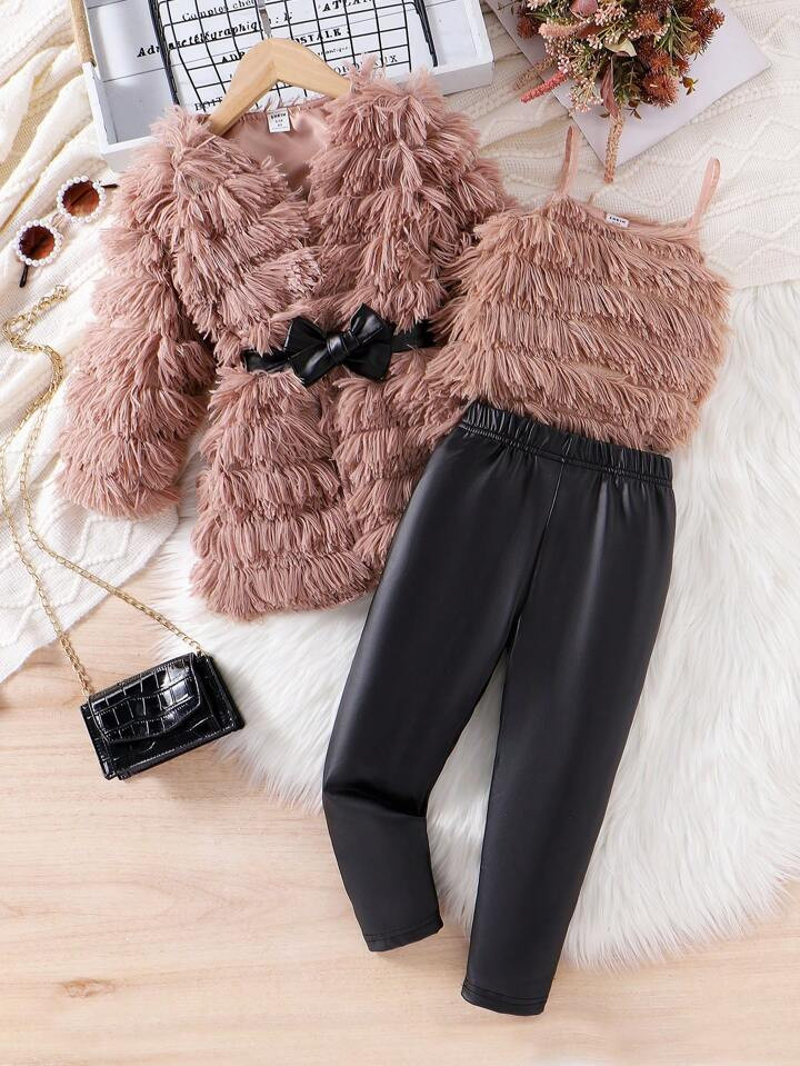 SHEIN 3pcs Young Girl Furry Brown Elegant &  Camisole, Long Pants & Comfortable Coat Set | SHEIN ... | SHEIN