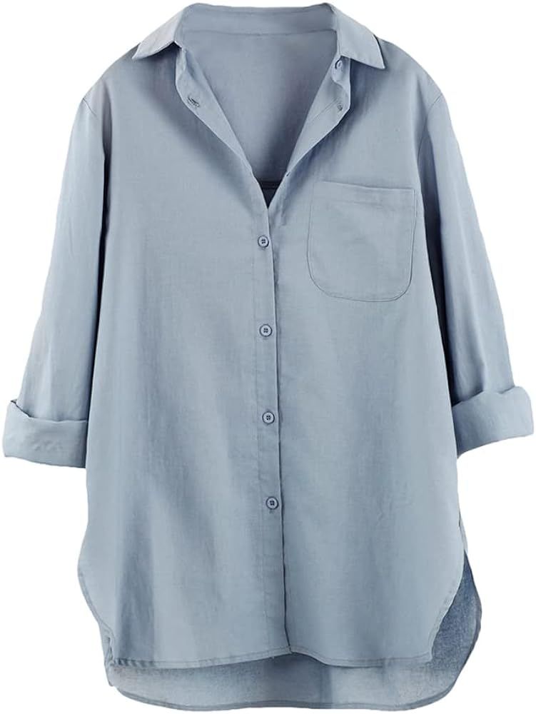 Cofouen Women's Cotton Linen Shirts Button Down V Neck Blouse Casual Long Sleeve High Low Tops | Amazon (US)