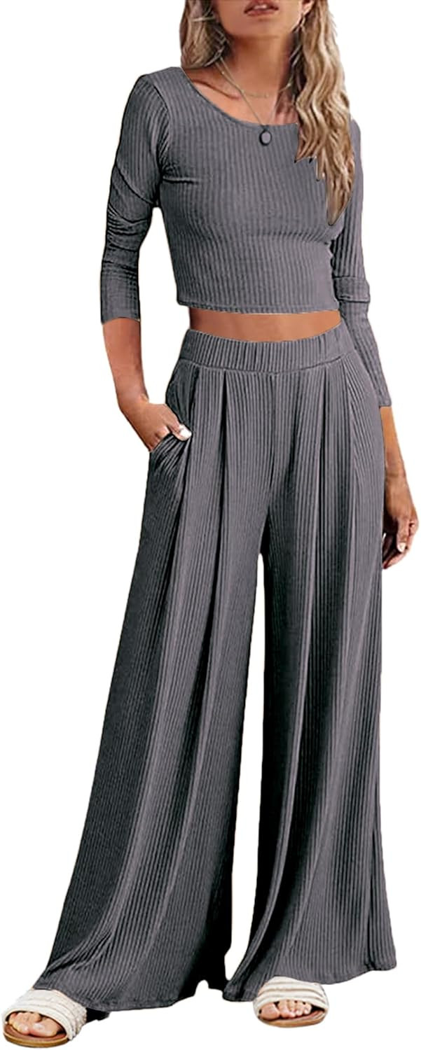 Ekouaer Women's 2 Piece Lounge Sets Ribbed Knit Crop Top Wide Leg Pants with Pockets S-XXL | Amazon (US)