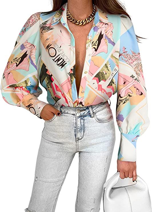 EVALESS Womens Tops Button Down Shirts Print Long Sleeve Blouses for Women Fashion 2023 | Amazon (US)