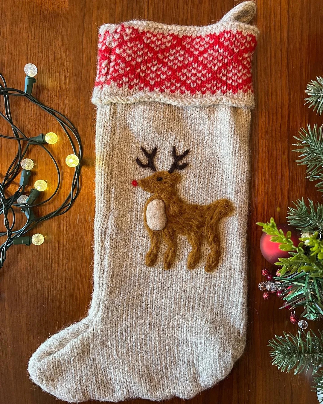 Large Handmade Christmas Stocking Cozy Wool Knit With Needle-felted Rudolph-inspired Reindeer Des... | Etsy (US)