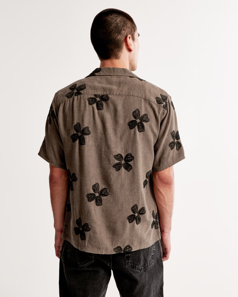Camp Collar Summer Linen-Blend Embroidered Shirt | Abercrombie & Fitch (US)