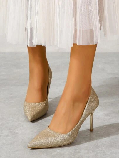 Glamorous Gold Court Pumps For Women, Glitter Point Toe Stiletto Heeled Pumps | SHEIN
