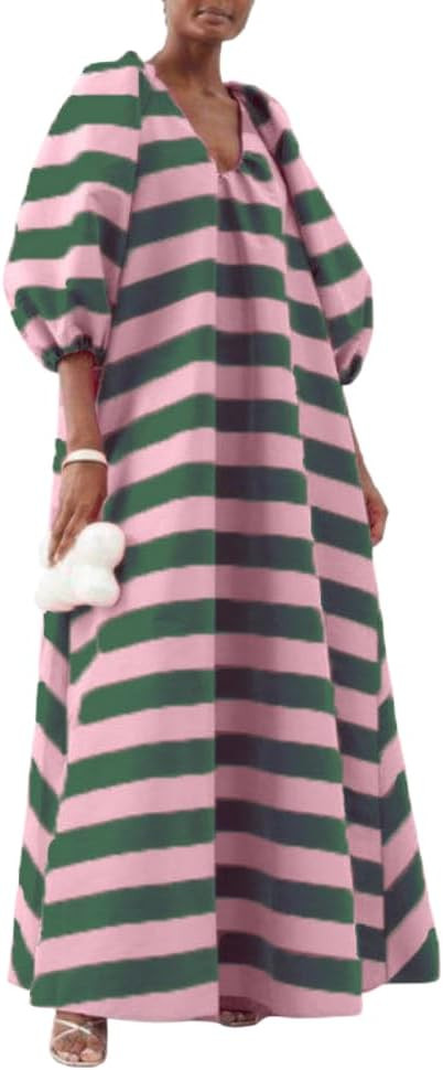 Women's Oversized Striped Lantern Sleeve V Neck Maxi Dress Casual Loose Printed Half Sleeve Long ... | Amazon (US)