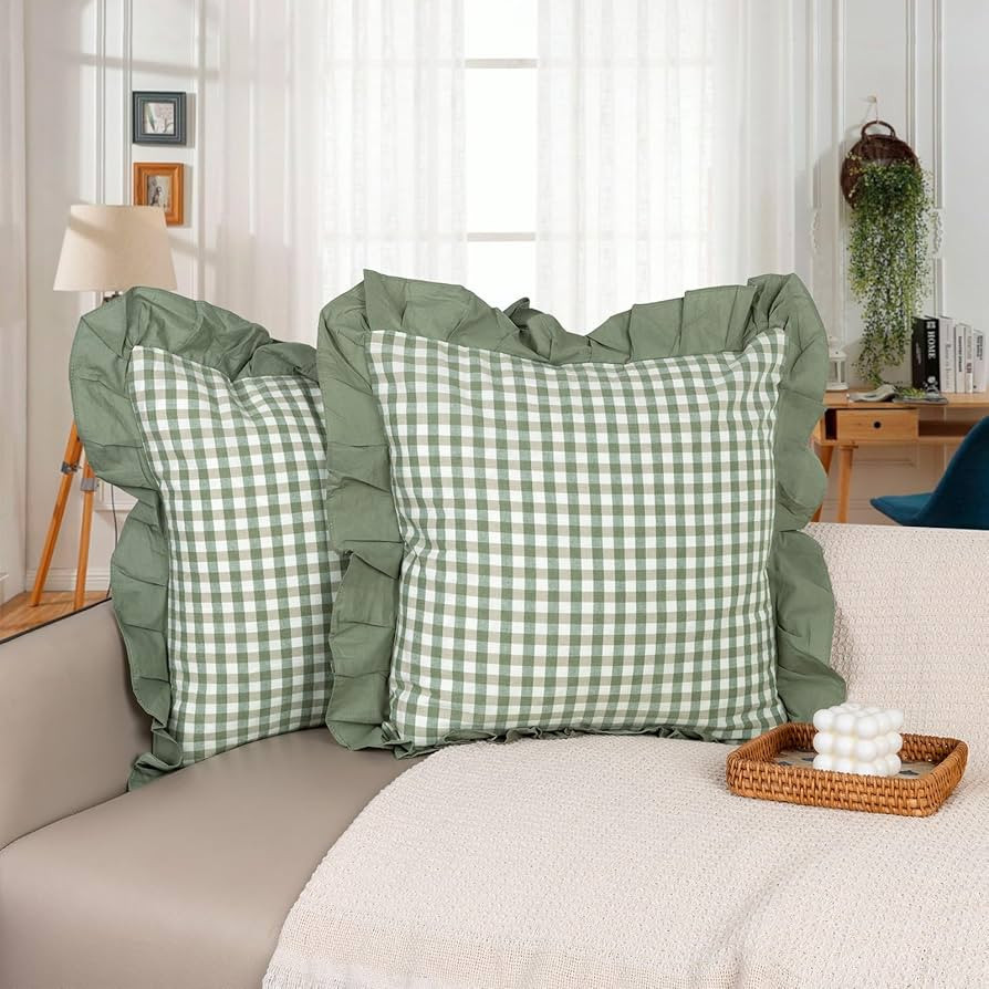 18x18 Ruffle Throw Pillow Covers, Green Scalloped Cotton Plaid Gingham Decor Pillowcase Farmhouse... | Amazon (US)
