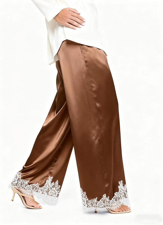 Women Satin Silk Lace Trim Pants Y2k Elastic Waist Wide Leg Pj Lounge Boxer Bottoms Trendy Causal... | Amazon (US)