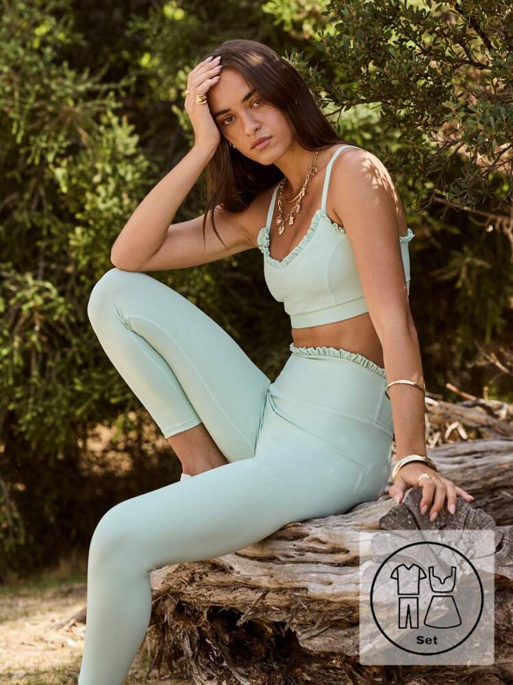 Aralina Freizeit-Zweiteiler Mit Rüschen-Saum Ärmellos, Taillenhoch, Crop-Top Und Leggings | SHEIN