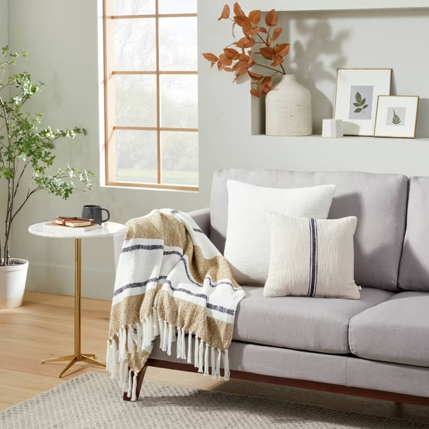 Neutral Wide Stripe with Knotted Fringe Throw Blanket Cream/Tan/Blue - Hearth & Hand™ with Magn... | Target