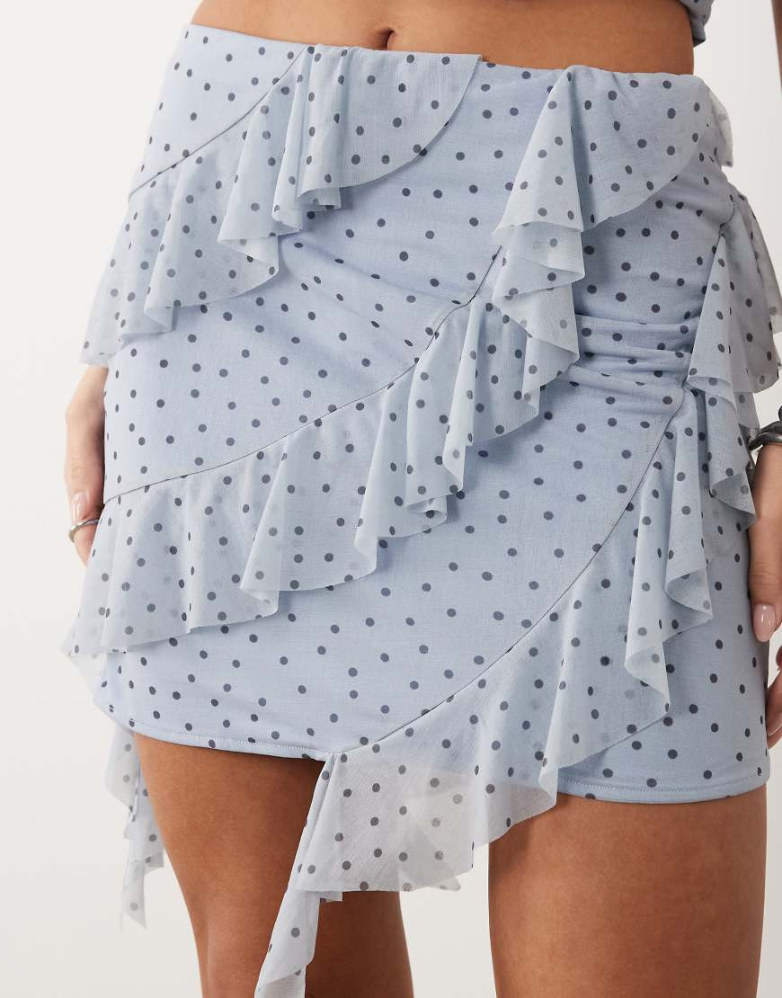 ASOS DESIGN stretch chiffon ruffle mini skirt in blue and brown polka dot - part of a set-Multi | ASOS (Global)