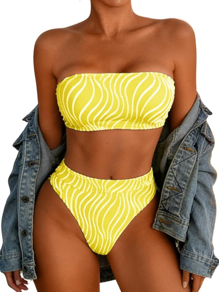 High Waisted Bikini Set, Textured Striped, Sexy Cheeky High Cut, Two Piece Bandeau Strapless Swim... | Amazon (US)
