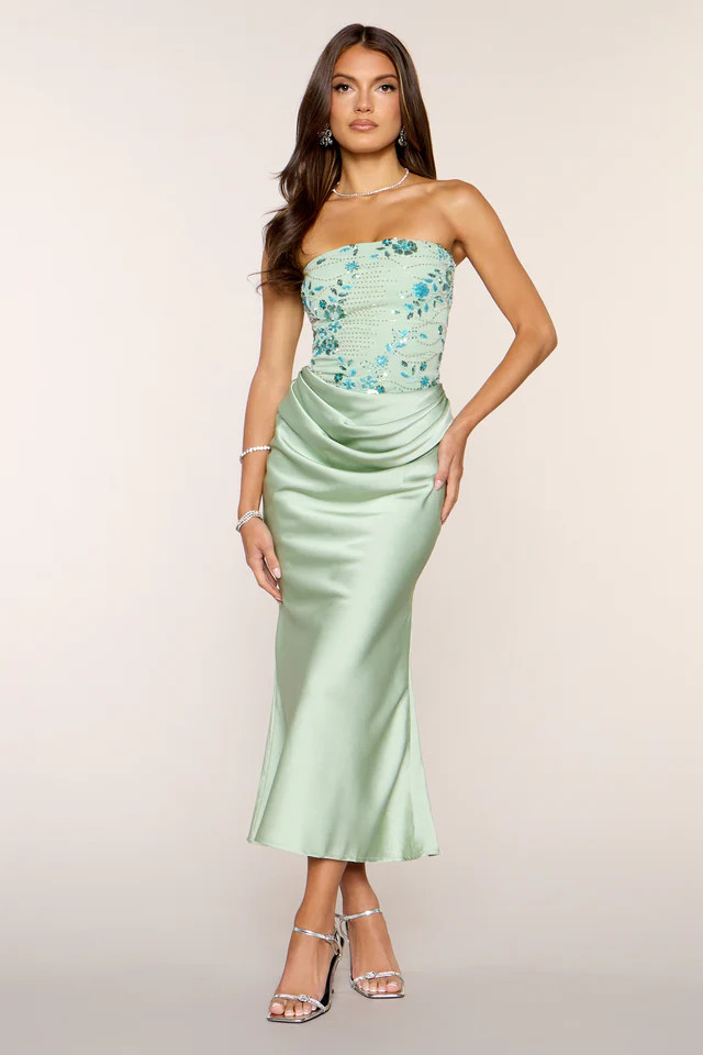 Satin Glow Strapless Beaded Midi Dress | Windsor Stores