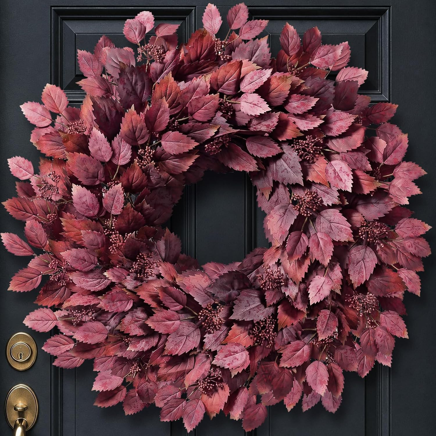 26" Artificial Hibiscus Leaves Fall Wreath for Front Door Decor(Autumn Red) | Amazon (US)