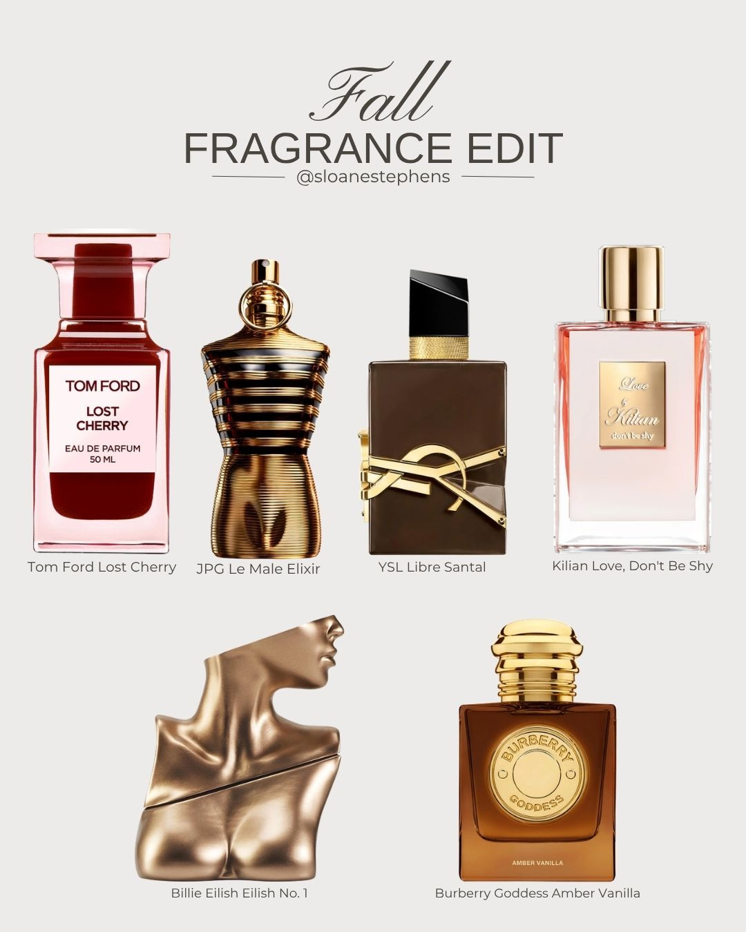 My fall fragrance edit 🍂 The scents I'm wearing all season: Tom Ford Lost Cherry, Kilian Love Don't Be Shy, JPG Le Male Elixir, YSL Libre, Eilish No. 1 and Burberry Goddess. Warm, cozy and so good. #fallfragrance #perfumecollection #perfumelover #luxuryperfume #fragrance #sephora 

 #LTKSeasonal #LTKBeauty