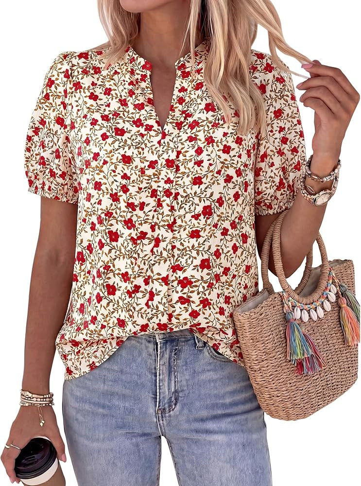 BTFBM Womens Tops 2026 Spring Casual Loose Puff Sleeve V Neck Floral Satin Work Blouse Dressy T S... | Amazon (US)