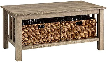 Walker Edison Alayna Mission Style Two Tier Coffee Table with Rattan Storage Baskets, 40 Inch, Dr... | Amazon (US)