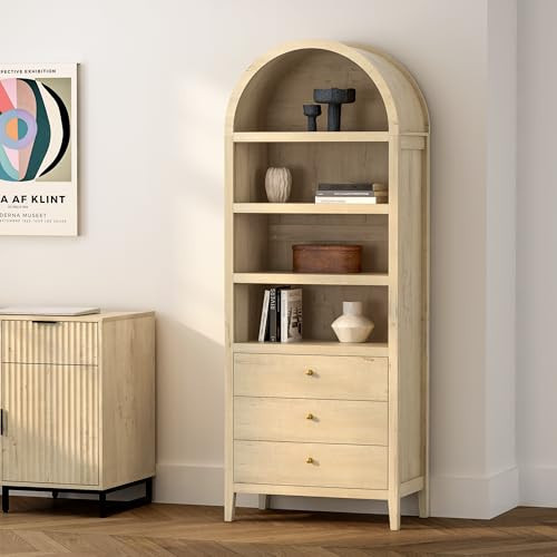 EYYTHUNG 71" Tall Arched Cabinet, 4-Tier Arched Bookcase with 3 Drawers and Shelves, Modern Farmhouse Bookshelf Kitchen Pantry for Living Room Bedroom, Light Oak | Amazon (US)